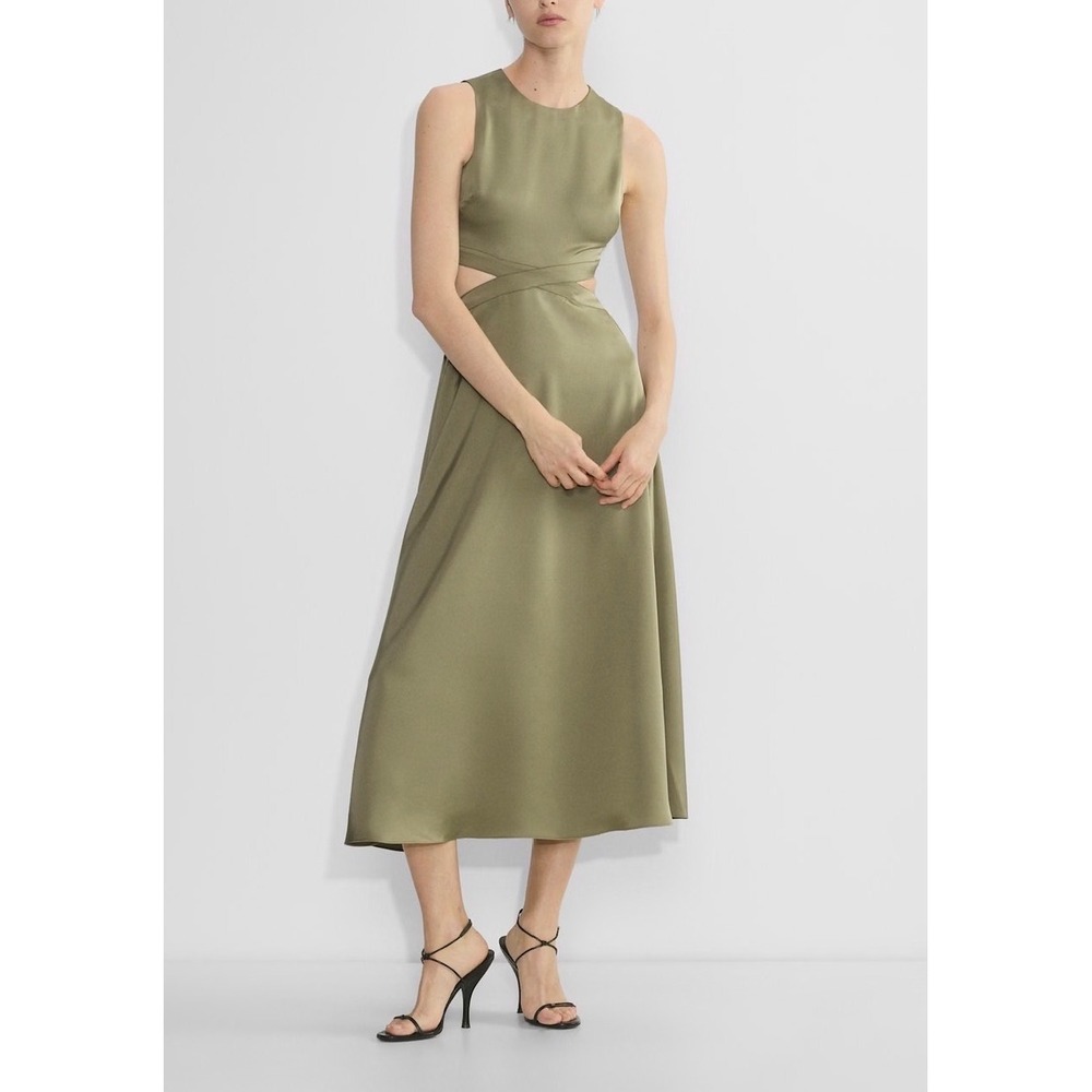 Aritzia Babaton Cella Satin NWOT Linen Blend Cutout Maxi Dress Open Back M Olive